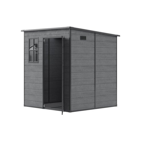 6 x 6FT Outdoor Dark Grey Wood Grain Plastic Garden Storage Shed w/ Window