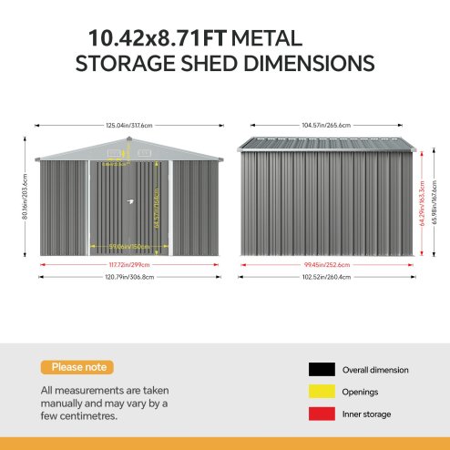 10.42 x 8.71FT Metal Garden Storage Shed with Lockable Door