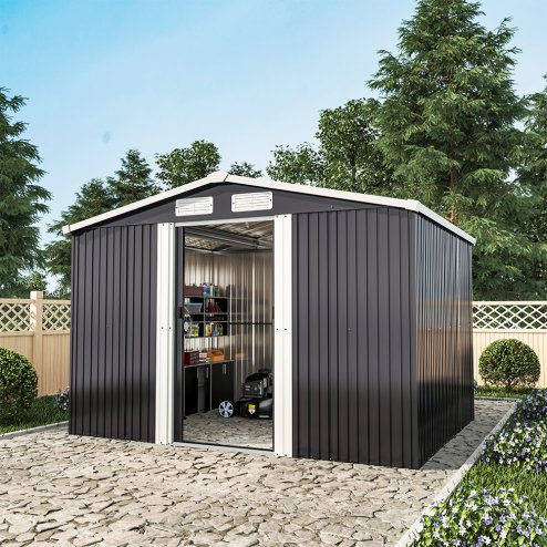 8.46 x 6.79FT Large Metal Apex Roof Garden Tool Storage Shed, Anthracite