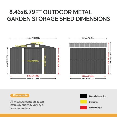 8.46 x 6.79FT Large Metal Apex Roof Garden Tool Storage Shed, Anthracite