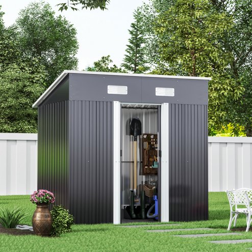 6.36 x 3.97FT Metal Garden Storage Shed with Sliding Door, Charcoal Black