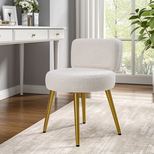 Living and Home Cream Faux Fur Vanity Stool Chair with Metal Legs