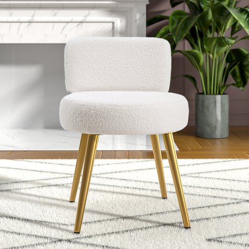 Living and Home Cream Faux Fur Vanity Stool Chair with Metal Legs