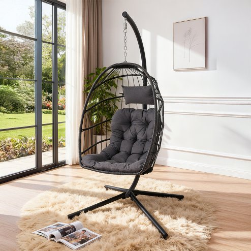 Egg-Shaped Hanging Chair with Soft Cushion & Headrest