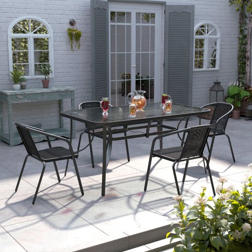 5-Piece Tempered Glass Outdoor Coffee Table and Rattan Chairs Set