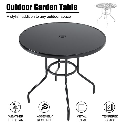Metallic and Tempered Glass Garden Table with Parasol Hole Outdoor Multi Size