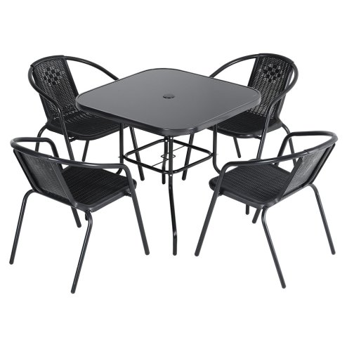 5-Piece Outdoor Tempered Glass Garden Table with Four Rattan Chairs