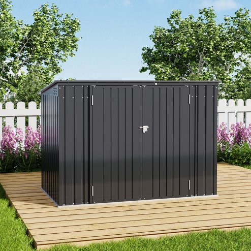 Living and Home Charcoal Black Metal Bike & Tool Shed Outdoor Storage Shed for Rubbish Bin with Lockable Double Doors, Ventilated, Gas Strut Lid