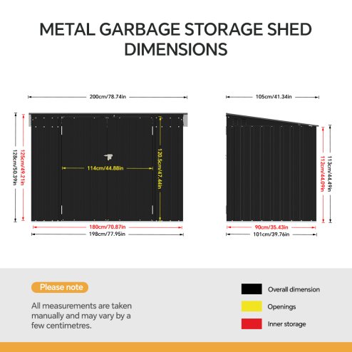 Living and Home Charcoal Black Metal Bike & Tool Shed Outdoor Storage Shed for Rubbish Bin with Lockable Double Doors, Ventilated, Gas Strut Lid
