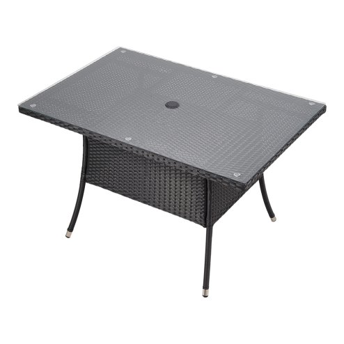 150x90cm Garden Rattan Tempered Glass Top Rectangular Table with Parasol Hole