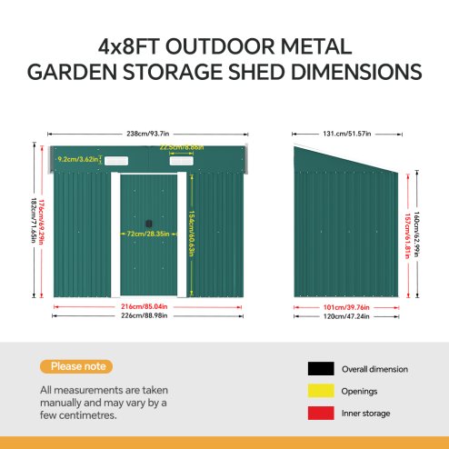 Living and Home 4x8FT Metal Pent Roof Garden Tool Shed, Dark Green
