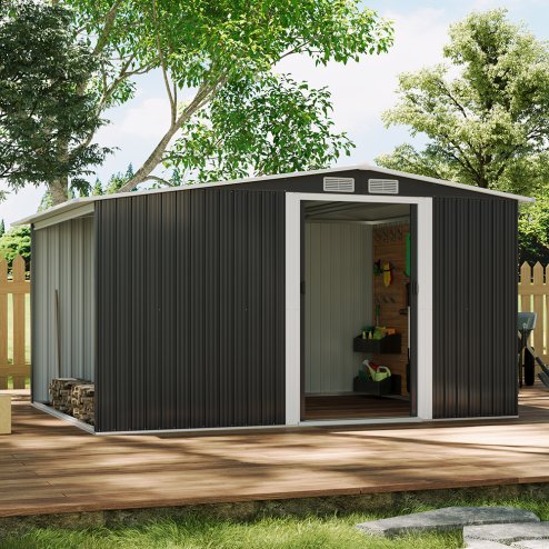 Living and Home 8ft x 8ft Garden Metal Storage Shed with Log Storage, Black