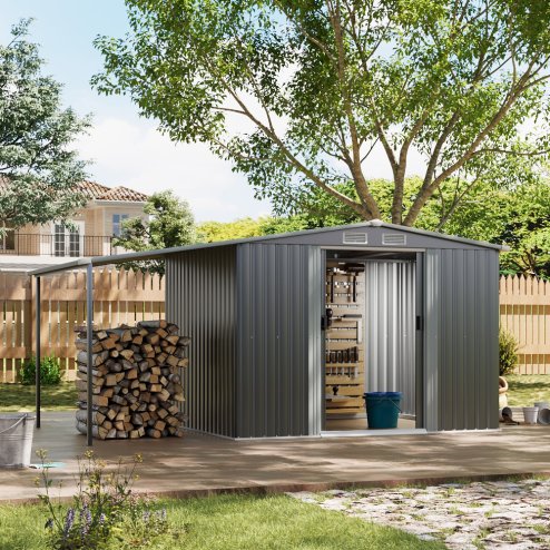 Living and Home 8 x 6 ft Outdoor Metal Storage Shed with Lean-to, Dark Grey