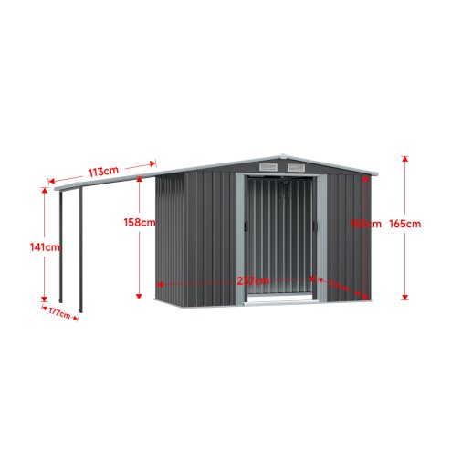 Living and Home Outdoor Metal Storage Shed with Lean-to, Dark Grey