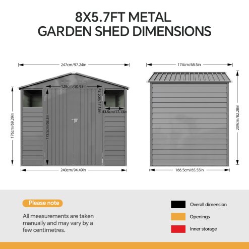 Living and Home 8.1x5.7FT Metal Apex Roof Garden Tool Shed, Grey