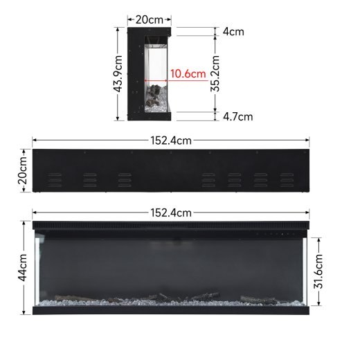 Living and Home 60inch Recessed and Freestanding Electric Fireplace with Remote Control Wall Inset Fire 3 Sided Panoramic