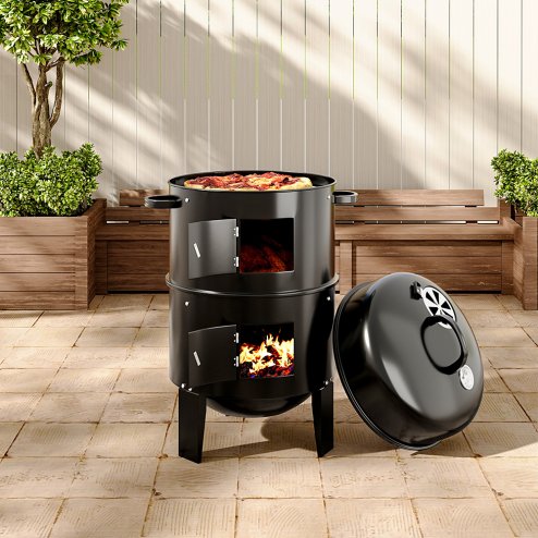 Living and Home 3-In-1 Portable Outdoor Charcoal BBQ Grill Smoker