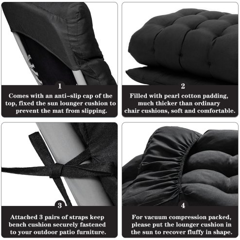 Living and Home Non-slip Sun Lounger Cushion for Garden Patio Black, 160cm(W) x 50cm(D)