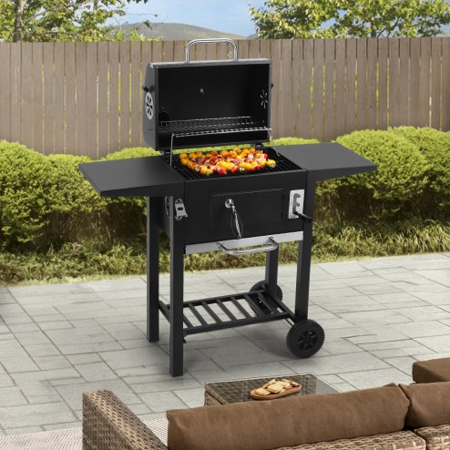 Living and Home Outdoor Portable Carbon Steel Charcoal Grill with Side Tables, Black