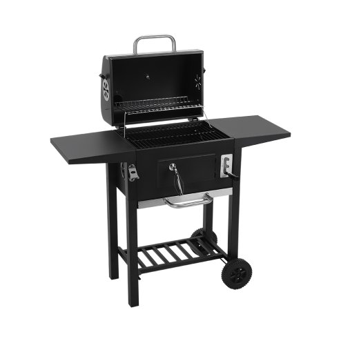 Living and Home Outdoor Portable Carbon Steel Charcoal Grill with Side Tables, Black