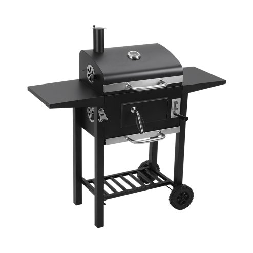 Living and Home Outdoor Portable Carbon Steel Charcoal Grill with Side Tables, Black