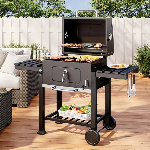 Living and Home Portable Outdoor Charcoal BBQ Grill with Side Shelves