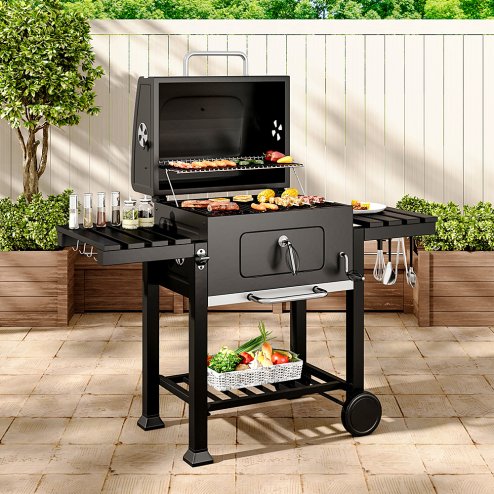 Living and Home Portable Outdoor Charcoal BBQ Grill with Side Shelves