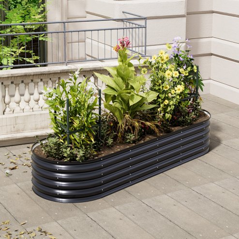 Living and Home Anthracite Oval-Shaped Galvanized Steel Raised Garden Bed, 240cm W x 80cm D x 42cm H
