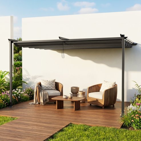 10 x 10FT Outdoor Lean To Retractable Pergola with Canopy