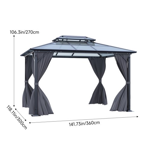 12 x 10FT Metal Frame Hardtop Patio Gazebo with Curtains