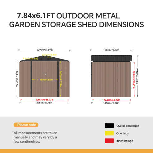 7.84 x 6.1FT Apex Roof Metal Garden Storage Shed with Lockable Door