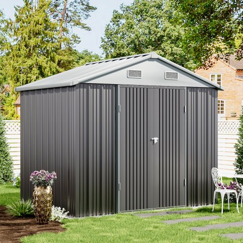 7.83 x 6.1FT Apex Roof Metal Garden Storage Shed with Lockable Door, Grey+White