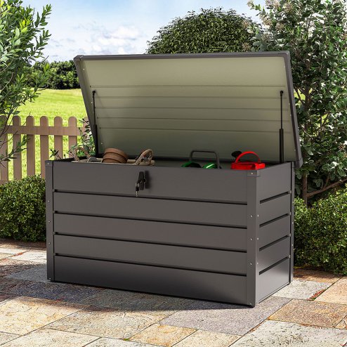 Living and Home 4 x 2 ft 350 L Grey Waterproof Metal Outdoor Garden Large Storage Box Lockable Flat Top
