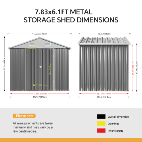 7.83 x 6.1FT Apex Roof Metal Garden Storage Shed with Lockable Door, Grey+White