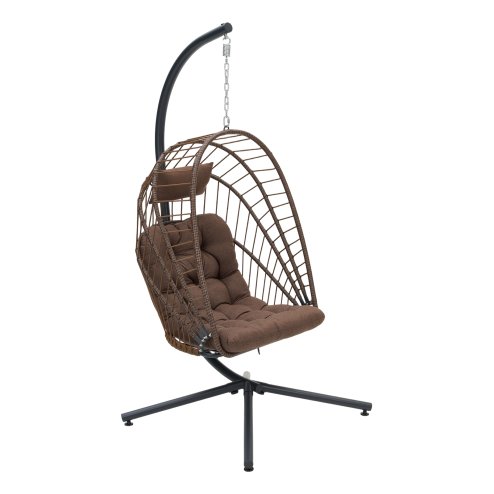 Swing Hanging Egg Chair with Cushion and Headrest, Brown + Black