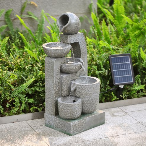 Living and Home Grey Layered Cascade Solar-powered Water Fountain for Outdoors, LED Lights, Handmade, Low-Maintenance, Resin, Water Feature
