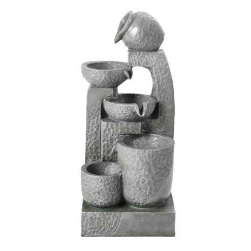 Living and Home Grey Layered Cascade Solar-powered Water Fountain for Outdoors, LED Lights, Handmade, Low-Maintenance, Resin, Water Feature
