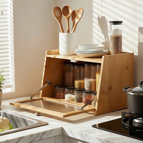 Living and Home 2-Tier Bamboo Bread Storage Cabinet for Kitchen Counter