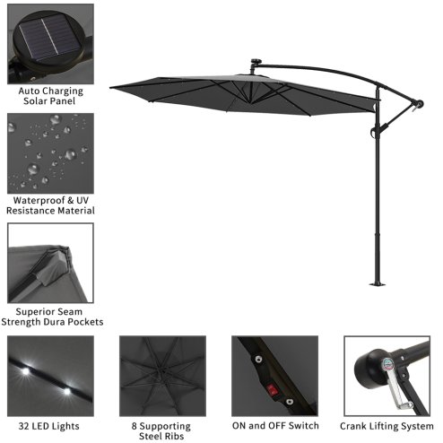 Grey Rattan 7 Piece Modular Garden Furniture Set + 32 LED Patio Umbrella Bundle