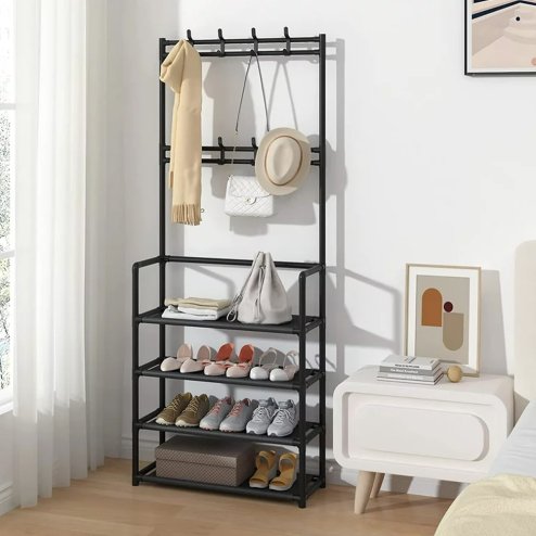 Living and Home Entryway 4 Tier Shoe Rack with Coat Hanger, Black