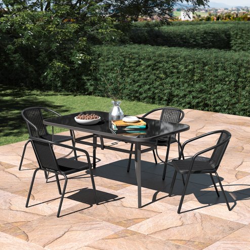 Living and Home 5pcs Garden Table & Rattan Chairs Outdoor Set with Parasol Hole – Glass-Top Table, 51mm Hole, Black, Rust-Resistant Frame