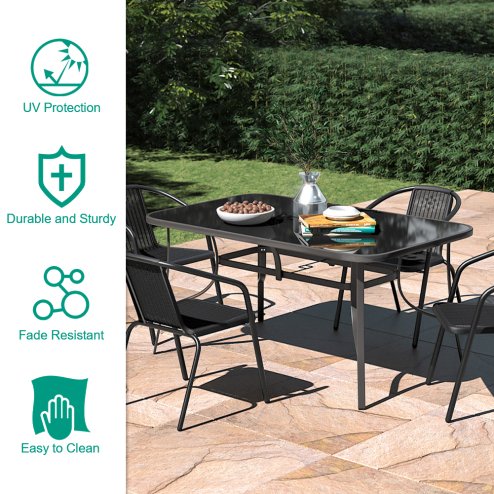 Living and Home 5pcs Garden Table & Rattan Chairs Outdoor Set with Parasol Hole – Glass-Top Table, 51mm Hole, Black, Rust-Resistant Frame
