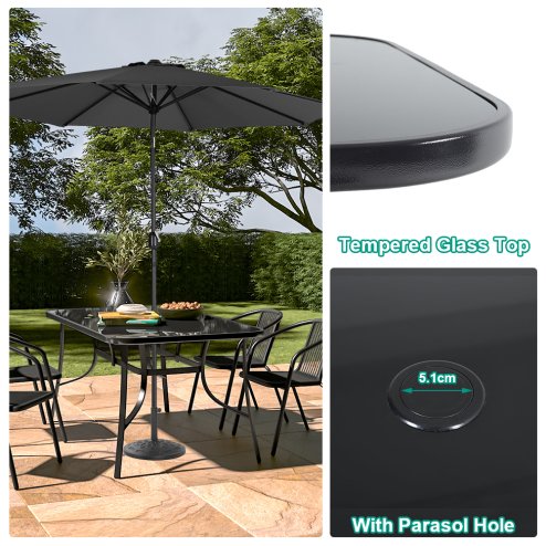 Living and Home 5pcs Garden Table & Rattan Chairs Outdoor Set with Parasol Hole – Glass-Top Table, 51mm Hole, Black, Rust-Resistant Frame
