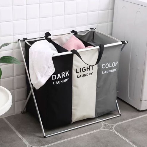 Living and Home 3-Section Foldable Laundry Basket with Aluminum Frame