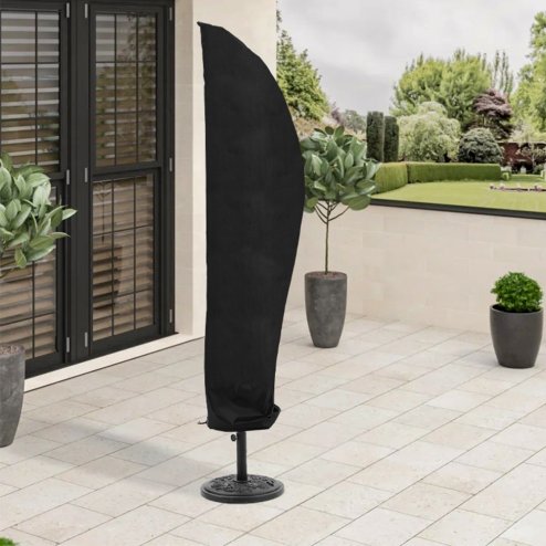 Rattan Modular 6-Piece Garden Furniture Set Black + 3M Banana Cantilever Patio Parasol with Wheeled Fillable Base + Waterproof Parasol Cover Bundle