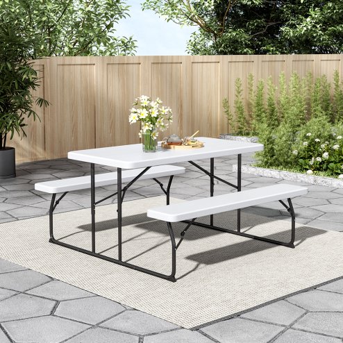 Living and Home White Foldable Picnic Table and Bench Set 151cm W x 136cm D x 73cm H
