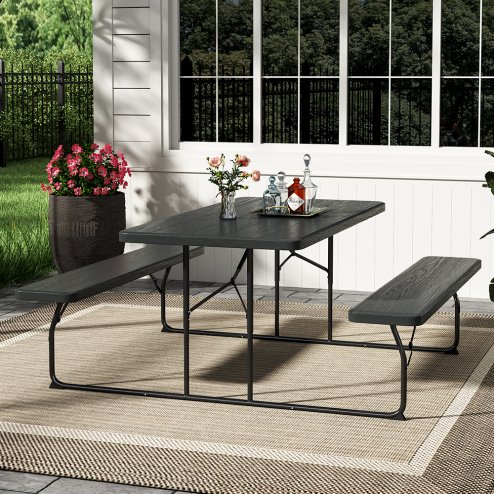 Living and Home Black Foldable Picnic Table and Bench Set with Parasol Hole 180cm W x 160cm D x 74cm H
