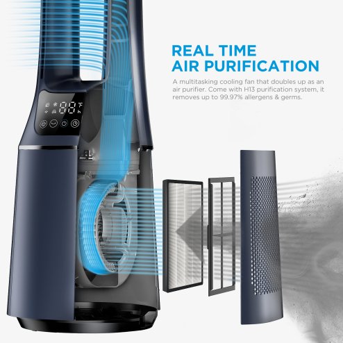 2-in-1 Bladeless Tower Fan with HEPA Filter For Air Purify with Touch Screen LED Display, Dark Blue