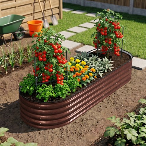Living and Home 240cm W Oval-Shaped Galvanised Steel Raised Garden Bed, Brown