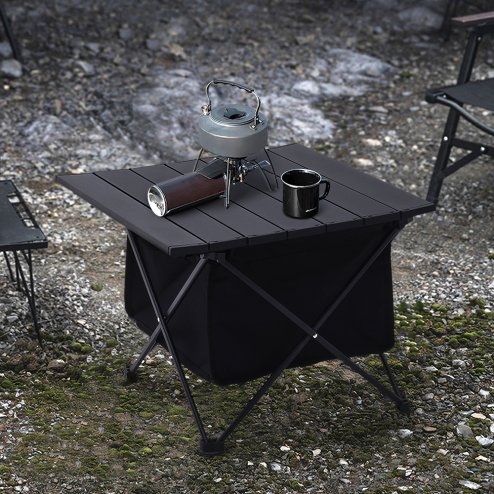 Living and Home Black Aluminum Alloy Portable Roll-Top Camping Table with Storage Basket, 56cm W x 41cm D x 41cm H